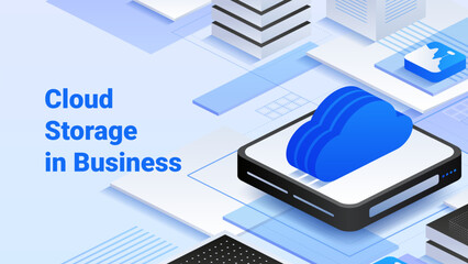 Poster - Cloud storage in business. Cloud icons on digital devices surrounded by abstract tech elements and data storage symbols. Modern digital infrastructure with geometric shapes. Isometric vector illustrat