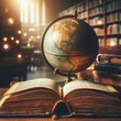 © Mo Stock - Old opened book with an old globe on a library World Book Day concept