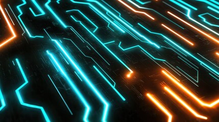 Fototapete - Dynamic neon circuit lines digital world abstract background futuristic environment wide angle technology concept