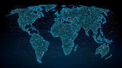 Poster - Abstract Digital World Map Illuminated With Blue And Orange Data Points Against A Dark Blue Background
