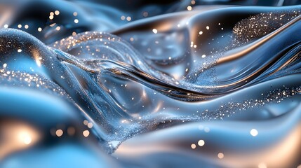 Poster - Abstract waves of shimmering light, a dance of blue and silver with sparkling accents and smooth textures.