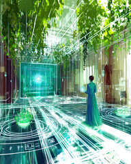 Poster - High Tech Greenhouse With Magical Plants Illuminates a Scientists Research in Enchanting Robes