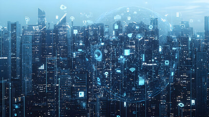 Poster - Futuristic Smart City at Night Illuminated by Digital Network Connections and Data Flow Across Buildings