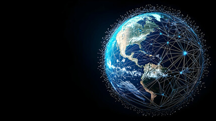 Poster - Rotating Planet Earth In Space With Futuristic Digital Network Connections Big Data Glowing Blue Particles And Dark Background For Global
