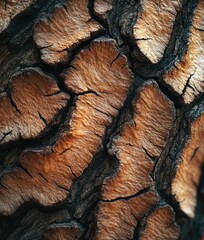 Poster - Close-Up of Textured Natural Wood Bark with Intricate Patterns and Rich Brown Hues Showcasing the Beauty of Nature's Design in a Forest Environment