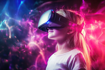 Young girl experiences virtual reality in a vibrant, colorful environment