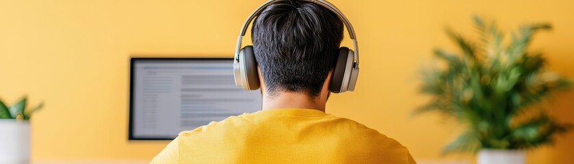 Poster - Focused Asian Professional Working from Home with Headphones in Modern Minimalist Workspace
