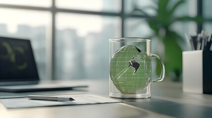 Poster - Green Globe Inside a Glass Mug on a Desk with a Laptop Showing Data in a Bright Modern Office