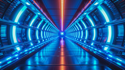  Vibrant blue and red lights line the interior of a futuristic circular tunnel.