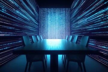 Poster - Holographic Digital Graph Display Above Modern Conference Room with Floating Elements