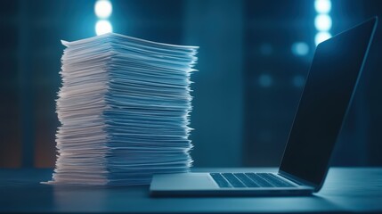 Poster - Stacks of Documents Next to an Open Laptop in a Modern Office Environment