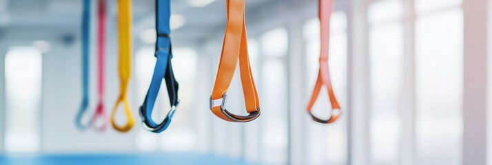Aufkleber - Fitness straps hang elegantly from the ceiling in a bright, geometric space emphasizing minimalism and balance during a workout session