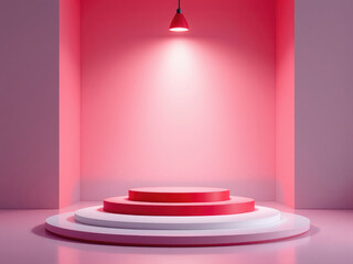 Poster - Red podium platform for product presentation 3d rendering luxury pedestal stand show Empty tabletop stage studio scene background with spotlight