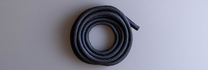 Poster - Neatly coiled black jump rope on smooth grey background creating a minimalist and spacious aesthetic for fitness enthusiasts