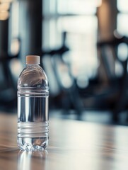 Poster - Minimalist transparent water bottle on gym floor invites hydration and refreshment during workout sessions