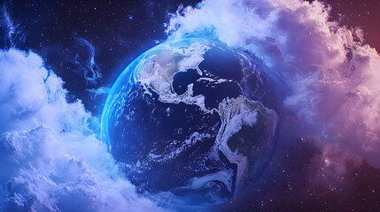 Poster - Pixelated Globe Earth Surrounded By Clouds In Universe With Blue And Violet Hues For Futuristic And Conceptual Design