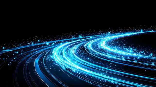 Abstract Blue Light Trail Curve on Black Background Illustrating Technology Energy and Movement