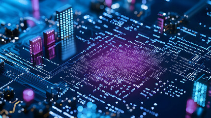 Poster - Close-Up View Of Futuristic Circuit Board With Glowing Purple And Blue Lights