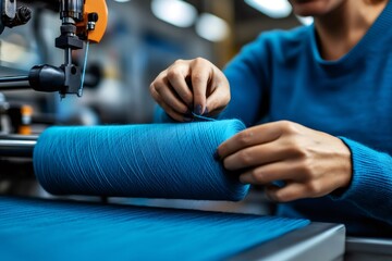 Aufkleber - Textile worker inserting thread into industrial weaving machine in factory