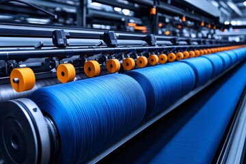 Poster - Industrial weaving machine producing blue thread in textile factory