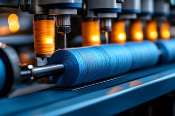 Poster - Industrial sewing machine processing blue thread in textile factory