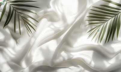 Poster - Elegant White Satin Fabric with Green Palm Leaves for Background, Texture and Natural Aesthetic in Photography and Design Projects