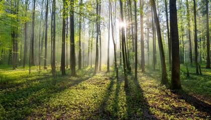  dense forest in spring with the sun shining through fog, creating a magical atmosphere