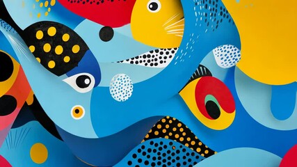 Poster - A colorful painting of fish with a blue background