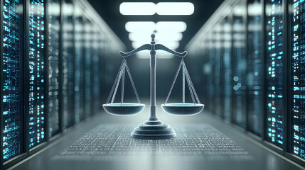 Poster - Digital Justice In Server Room With Glowing Pixelated Scales Of Justice Representing Cyber Law And Data Protection