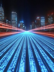 Poster - Futuristic cityscape with light trails depicting speed and connectivity