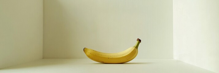 Poster - Single banana placed on a minimalistic surface with soft natural lighting and a clean pastel backdrop for a fresh and inviting aesthetic