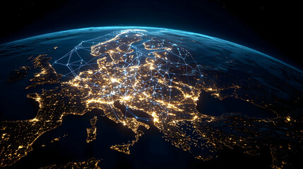 Poster - Glowing European Cities at Night View from Space Showing Global Connections and Infrastructure with Blue and Golden Illumination