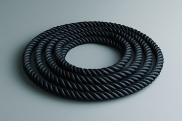 Poster - Neatly coiled black jump rope against smooth grey background in minimalist design with ample negative space