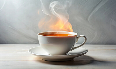 Wall Mural - a white porcelain cup with hot tea stands on a minimalistic light background