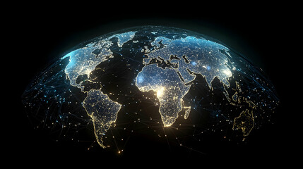 Poster - Glowing Blue And Yellow World Network Globe Against Black Background Representing Global Connections And Data Communication