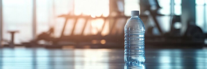 Aufkleber - Minimalist transparent water bottle on gym floor with blurred workout equipment in the background during daylight