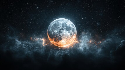 Wall Mural - Fiery Full Moon Rising Through Cosmic Clouds