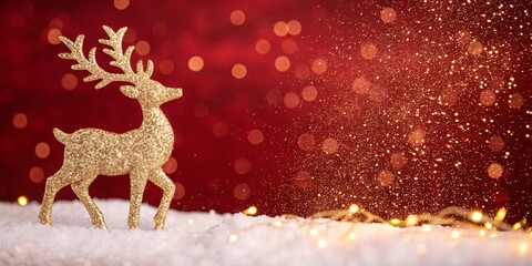 Poster - A gold glitter reindeer figurine stands prominently in front of a blurred red backdrop