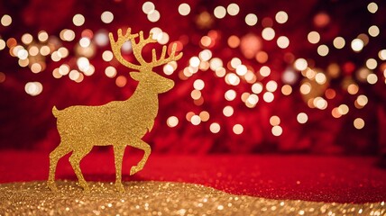 Poster - A gold glitter reindeer figurine stands prominently in front of a blurred red backdrop