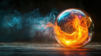 Wall Mural - Fiery orb in a glass sphere with smoke.