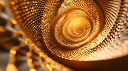 Poster - Golden vortex tunnel with geometric pattern converges to a bright light at the center. Perspective view.