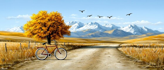 Wall Mural - a serene landscape features a yellow tree beside a bicycle on a dirt road, with mountains in the bac