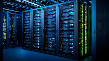 Poster - Illuminated Server Racks In Data Center With Blue And Green Lights Reflecting Digital Technology And Information Systems