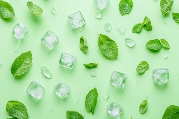 Poster - Refreshing top view of ice cubes and mint leaves on a light green background showcasing summer vibes in a studio setting