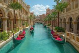 Gondolas float along a canal surrounded by ornate buildings evoking a sense of romance and travel Beautiful blue sky with clouds