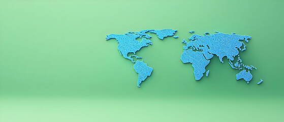 Poster - A 3D Rendered World Map in Light Blue Against a Green Background Depicting Global Connectivity