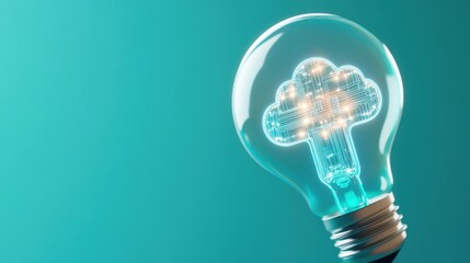 Poster - illuminating innovation a transparent light bulb against a teal background product photography conte