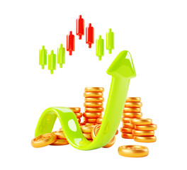Poster - 3d green arrow up with gold coin stacks and infographic chart, data graph. financial success, money 