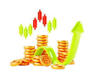 Poster - 3d green curve arrow up with gold coin stacks and chart, data graph. financial business success, mon