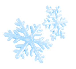 Poster - 3d blue snowflakes flying in air on white background render icon. Realistic falling snow flakes, ice crystals, isolated elements for cold winter, weather forecast blizzard, snowstorm